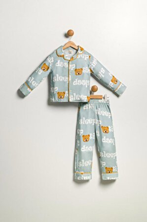 Çocuk Unisex Önü Düğmeli Mavi Ayıcık Sleep Desenli 2'li Alt Üst Pijama Takımı